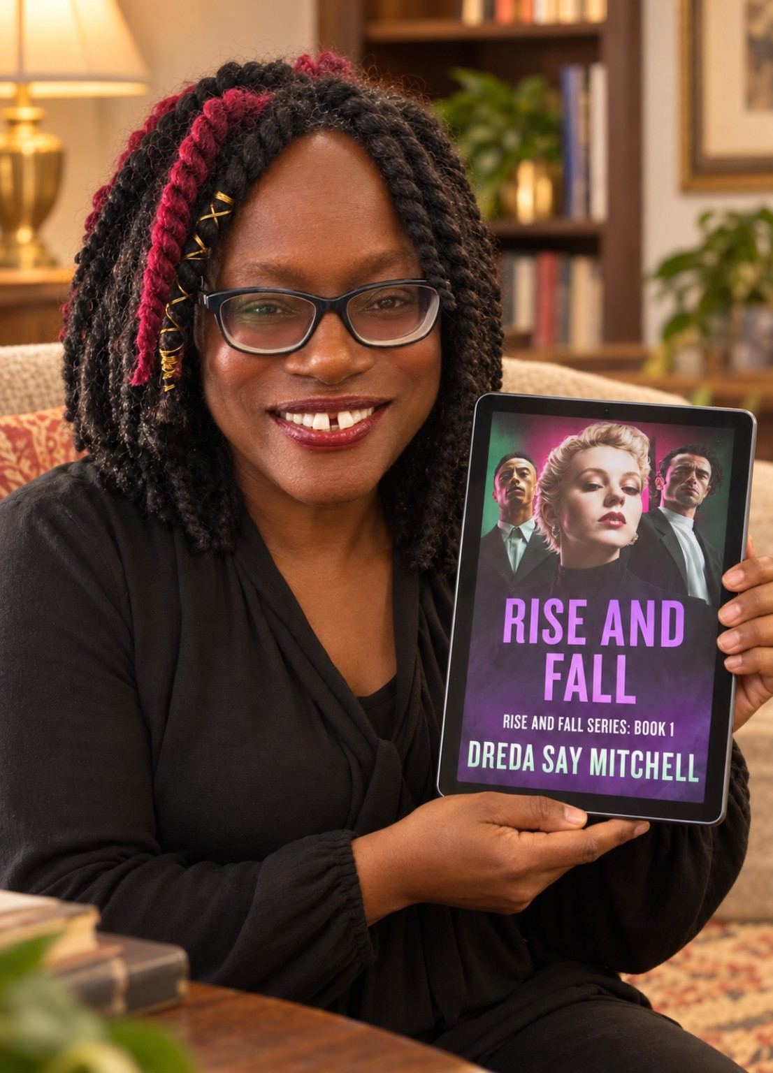 Dreda Say Mitchell with her book Rise and Fall on a tablet