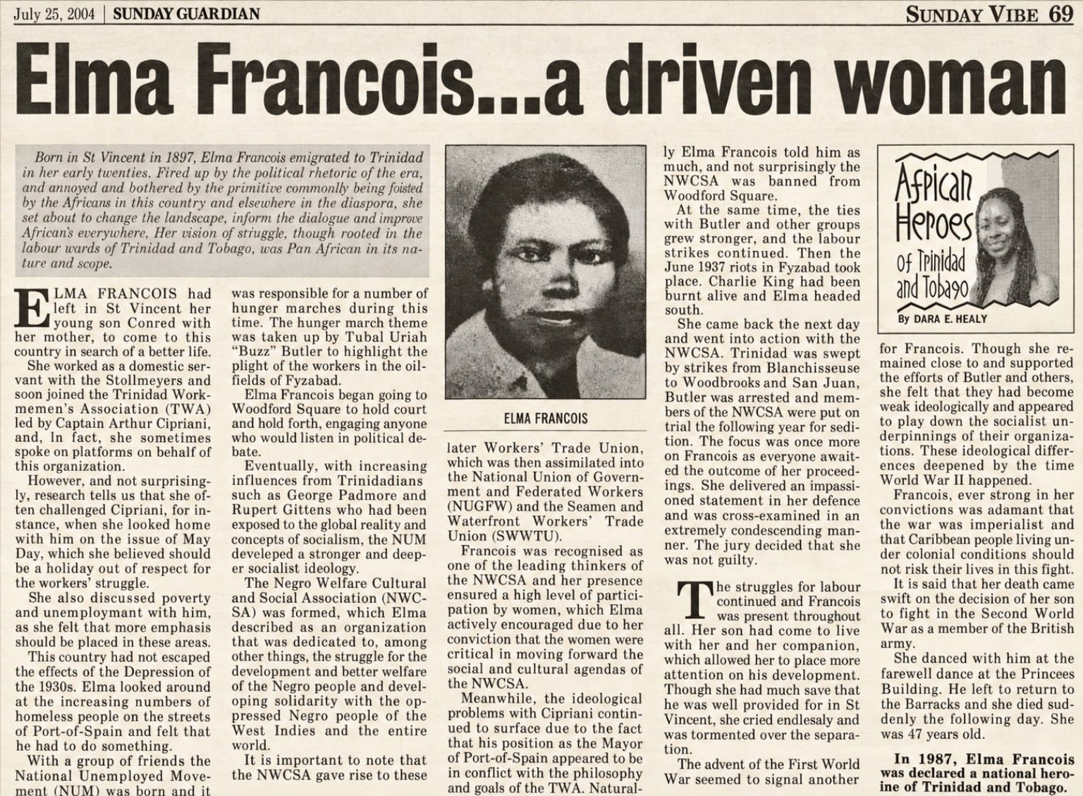 Sunday Guardian newspaper feature about Elma François, dated 25 July 2004
